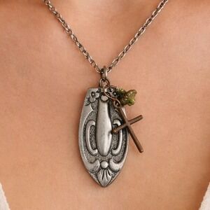 Vintage Art Nouveau Spoon Pendant Necklace Cross Charm 20" Boho Artisan